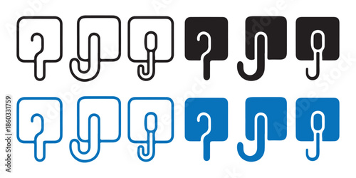 Adhesive Hooks Set. Black, Blue, and Outline Icons for Storage and Organization