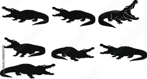 Crocodile silhouettes, reptile poses, alligator anatomy, wildlife illustration, dark animal shapes, predator design, swamp creature, powerful tail, elongated snout, scary reptile, nature study, fierce