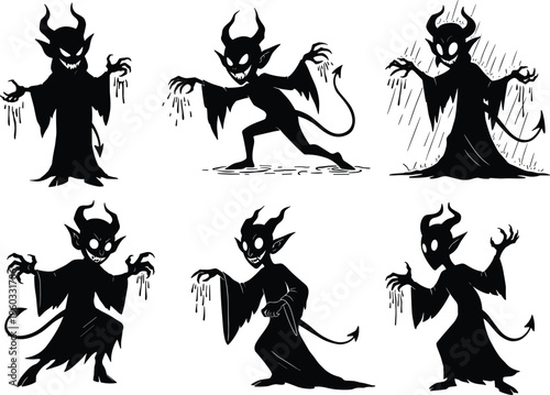 Demonic silhouettes, devil figures, cartoon horror, dripping claws, glowing eyes, horned monsters, spooky pose, fantasy evil, dark creatures, supernatural theme, eerie illustration, creepy art