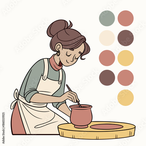 Woman crafting pottery on a wheel with color palette