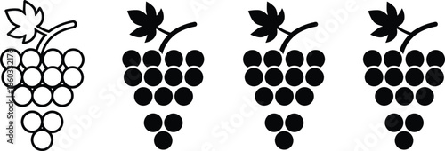 Vector Icon Set Featuring Grape Clusters with Leaves in Outline and Solid Black Styles for Wine and Grocery Branding