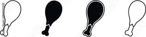 Vector Icon Set Featuring Chicken Drumsticks in Outline Solid and Inverted Styles for Culinary Meat and Poultry Branding