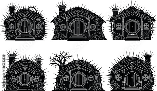 Fantasy hobbit house illustration, underground dwelling design, round door architecture, whimsical hillside home, black and white artwork, cozy nature shelter, enchanted rural structure, storybook