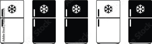 Vector Icon Set Featuring Two-Door Refrigerators with Snowflake Symbols in Solid Black and Outline Styles for Cold Storage