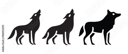 Black Wolf Silhouettes Howling and Standing on White Background.