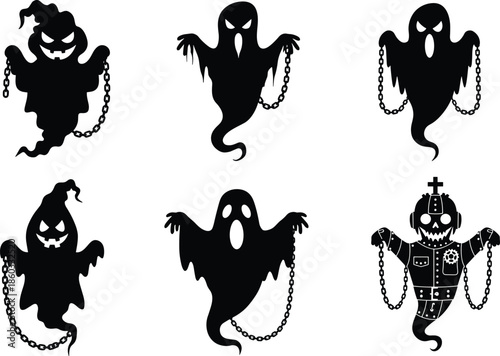 Ghost silhouettes, spooky chains, Halloween spirits, eerie figures, haunted design, creepy characters, dark theme, spectral art, horror illustration, ghostly pose, scary costume, supernatural vibe