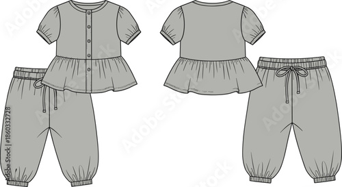 Baby/Kids peplum blouse and jogger pants two-piece set technical flat sketch, gathered short sleeves, button placket, elastic cuff, 
