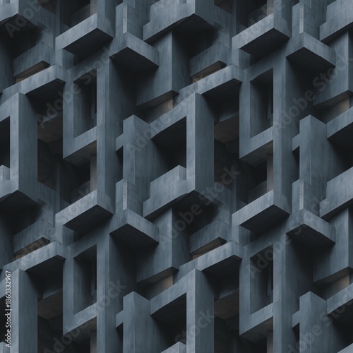 Abstract architecture seamless pattern. Gray building structure. Reinforced concrete structures. 3D geometric rendering concept photo illustration. Gray background. 