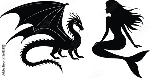 Dragon and mermaid silhouettes together, mythical creatures artwork blending fantasy folklore traditions in black‑and‑white design