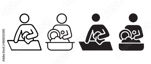 Person Washing Dishes Icons. Line Art and Silhouette Set.