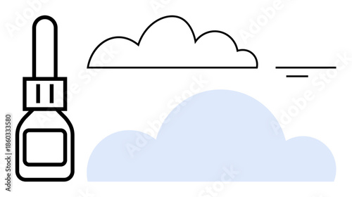 Nasal spray concept. Nasal spray ed with minimalistic cloud and line elements. Nasal spray linked to respiratory health, air quality, and climate effects. For healthcare, wellness, allergy products