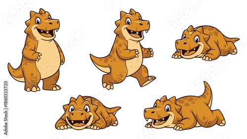 Happy Cartoon Spiky Dinosaur Character Poses Set Isolated on White Background: Standing, Walking, and Lying Down, Cute Vector Illustration for Children's Design