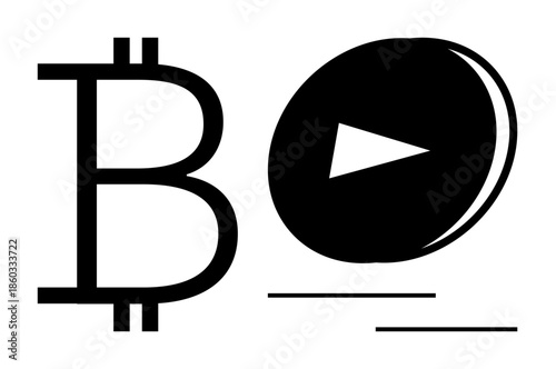 Cryptocurrency, blockchain technology, finance, digital media, online streaming, payments. Bitcoin symbol and a play button icon appear in minimalist black and white design. Cryptocurrency