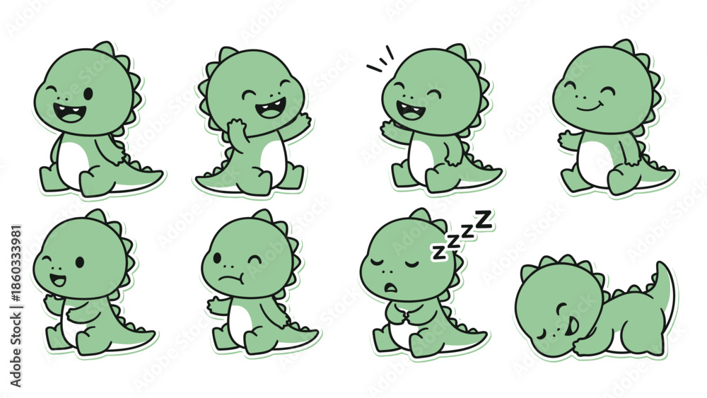 Obraz premium Adorable Green Baby Dinosaur Cartoon Vector Set with Various Emotions and Poses; Cute Dino Character Collection for Kids' Design