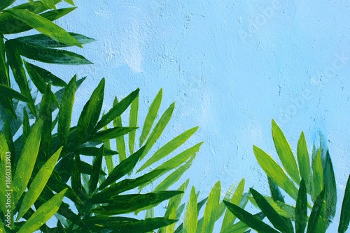 Green Leaves Against Blue Wall