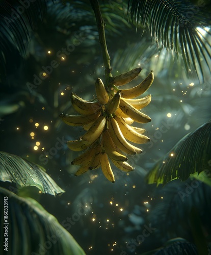 Hanging Bananas in Lush Jungle