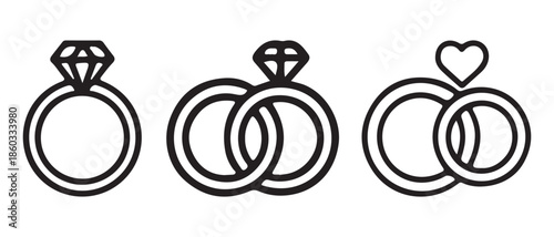 Wedding Rings Icons Set. Engagement, Couple, Heart Symbol, Line Art Design.