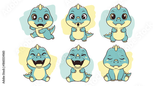 Cute Baby Blue Dinosaur Cartoon Set: Adorable Dino Character with Diverse Poses and Emotional Expressions for Children's Design, Stickers, and Playful Graphics