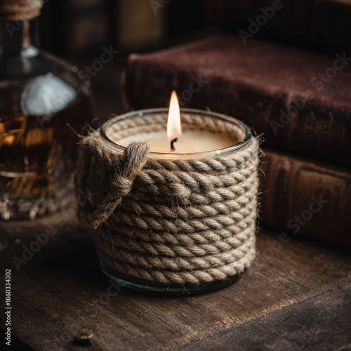 Rope-Wrapped Candle with Vintage Books