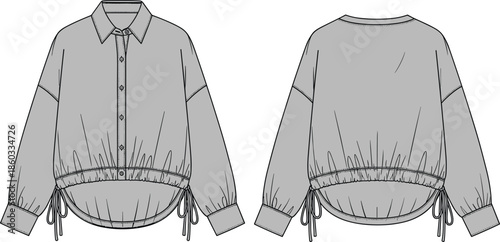 Women's stylish button-down shirt technical flat sketch, long sleeve drop shoulder design, shirt collar, adjustable drawstring hem, apparel vector template.