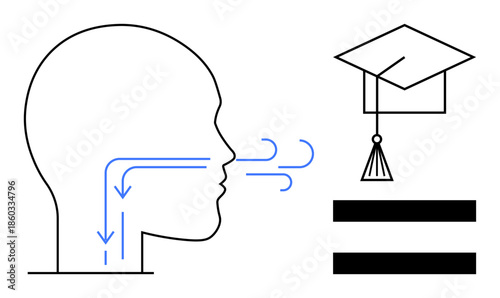 Minimalist profile head with airflow arrows beside a graduation cap and equality symbol. Ideal for education, health, mindfulness, self-improvement, equality, intellectual growth, academic focus