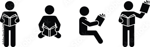 Solid Black Vector Icon Set Featuring Human Figures in Various Reading Postures Including Standing Sitting and Holding Books