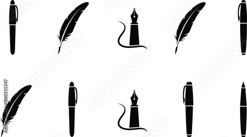 Solid Black Vector Icon Set Featuring Fountain Pens Quill Feathers and Modern Ballpoint Pens for Authorship and Office Branding