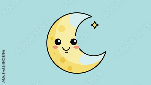 Cute Crescent Moon with Smiling Face and Sparkling Star Illustration.