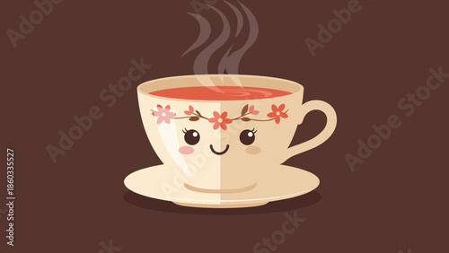 Cute Cup of Tea with a Smiling Face and Floral Design.