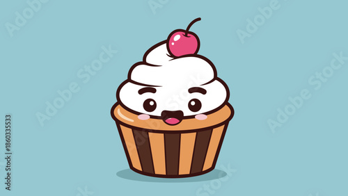 Cute Cupcake Cartoon Character with Cherry Topping and Playful Expression.