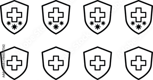 Outline Vector Icon Set Featuring Medical Shields with Crosses and Virus Symbols for Healthcare Protection and Immunity Branding