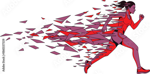 Abstract runner, woman in motion, dynamic illustration, energetic, speed, geometric shapes, fitness, vector art, red, fragmented design.