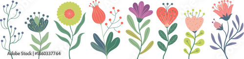 Hand drawn floral botanical set with colorful spring flowers leaves stems minimal folk style vector illustration collection modern decorative elements