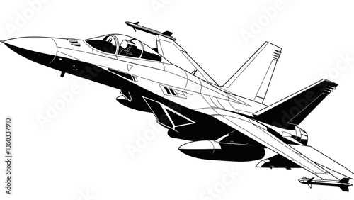 Detailed Line Art Illustration of a Modern Fighter Jet in Flight.