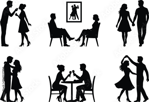 Romantic couple silhouette set showing dating dancing dinner walking talking love moments vector illustration collection for valentine designs branding posters