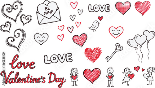 Valentine doodle love icons set with hearts envelopes keys balloons couples hand drawn romantic vector elements for greeting cards designs