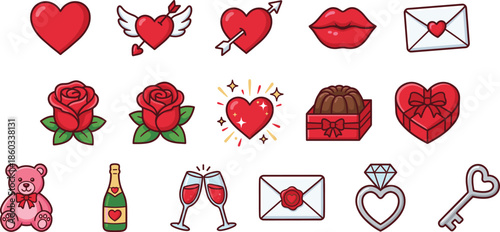 Valentine romantic icon set with hearts roses gifts envelopes rings champagne cute love symbols vector illustration collection for greeting cards