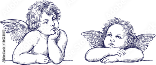 Vintage cherub angel sketch illustration set with classical hand drawn line art heavenly children wings vector design collection religious artwork