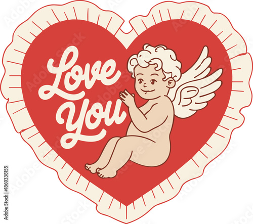 Vintage cupid angel illustration with love you lettering inside heart shape romantic Valentine greeting card vector design isolated decorative artwork