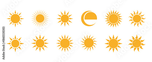 Yellow Sun Icon Set Vector. Full and Half Sun Symbols for Sunrise, Sunset, Weather, Climate, and Hot Solar Energy Graphics