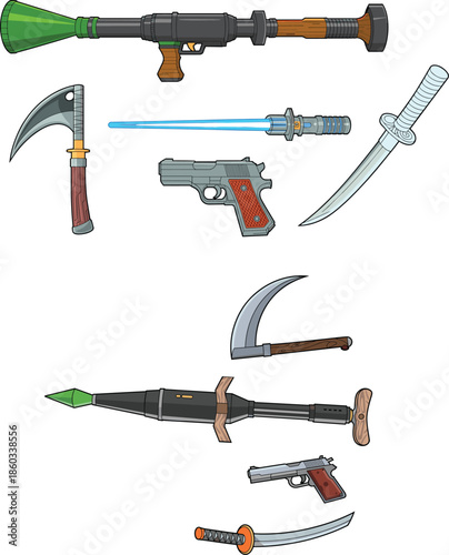 Cartoon weapons icons set, flat vector illustration of guns swords knives and fantasy arms isolated white background