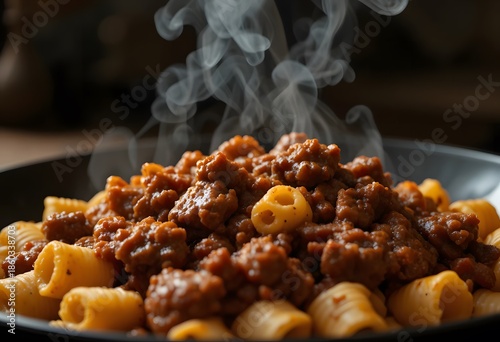 Steaming hot pasta with a hearty meat sauce, a comforting and delicious meal. beef rigatoni