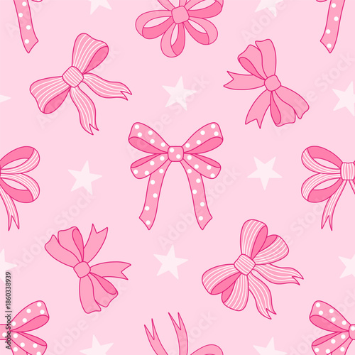 Seamless pattern of pink bows and stars. Coquette aesthetic background for Valentine's Day, nursery decor, or gift wrapping.