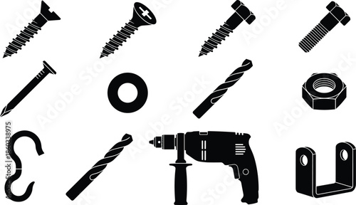Silhouette Fasteners and Power Tool Icons Set Featuring Screws Bolts Nuts Drill Bits Hooks Washers and Electric Drill Vector Illustration