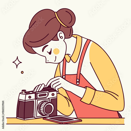Woman fixing a vintage camera