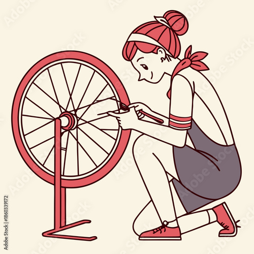 Woman fixing a bicycle wheel with tools