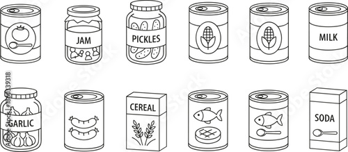 Outline Vector Icon Set Featuring Canned Vegetables Preserved Jars Cereal Boxes and Bottled Drinks for Grocery Retail Inventory
