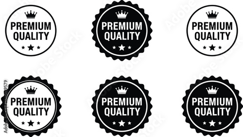 Circular Vector Badge Set Featuring Premium Quality Text with Crowns and Stars for Retail Product Authentication and Branding