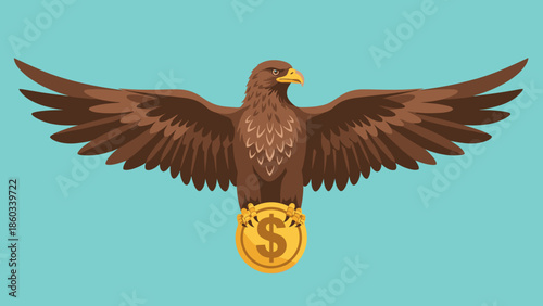Eagle soaring with a dollar coin symbolizing financial strength and success.