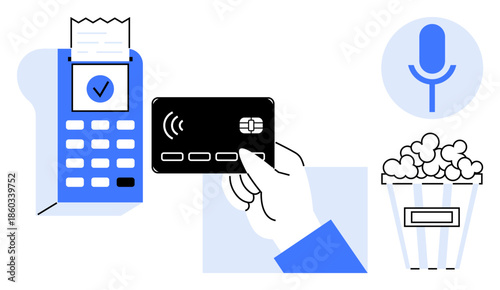 Digital payments, entertainment, shopping, voice recognition, contactless purchases, convenience. A credit card and terminal alongside a popcorn bucket and microphone. Digital payments